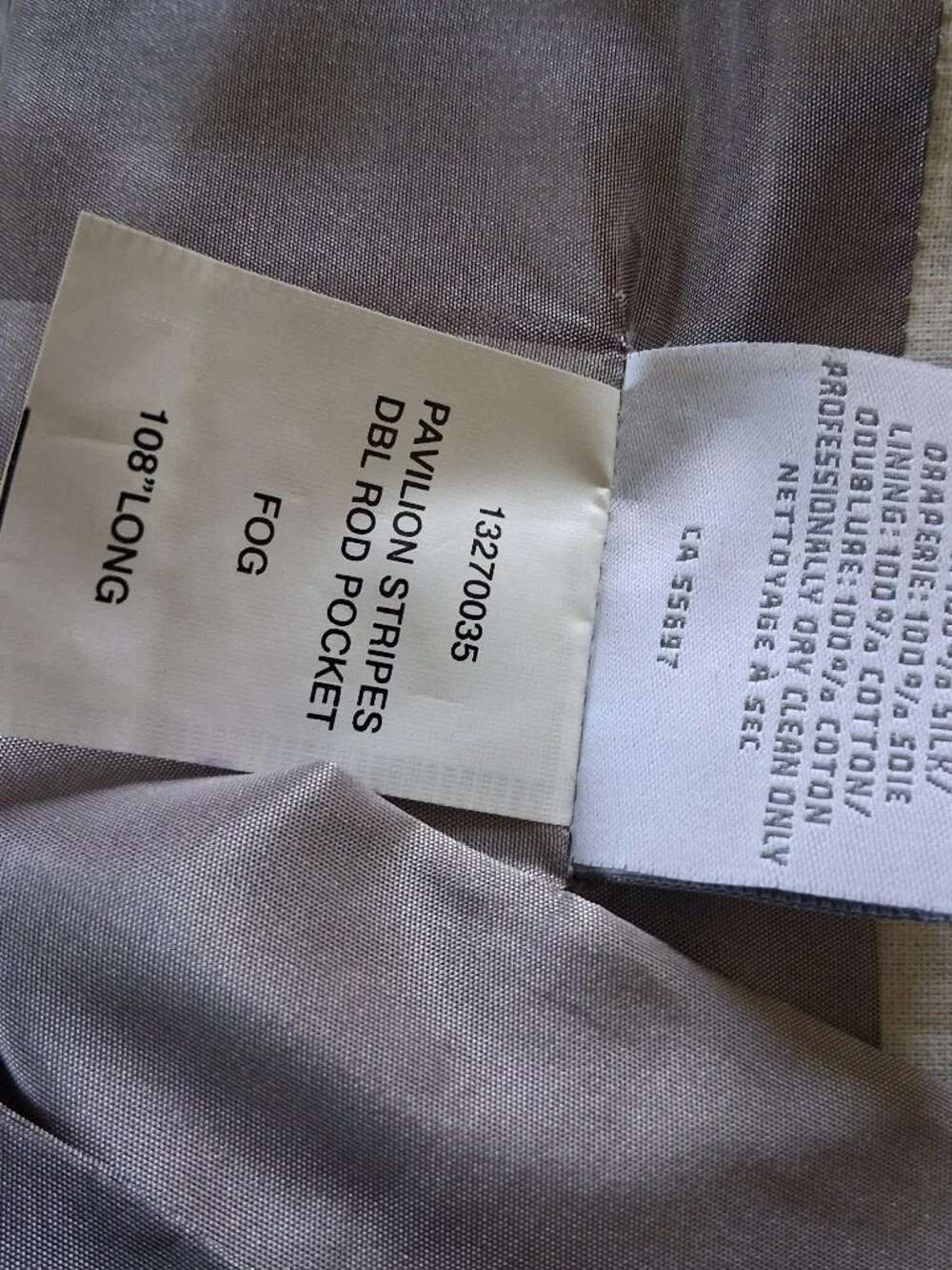Restoration Hardware 100W x 90L Grey/Silver Stripes Lined 100% Silk Drapes.